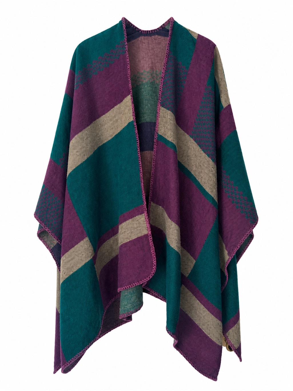 Kollie More Plaid Ruana Poncho Wrap Shawl Teal Purple One Size Boho